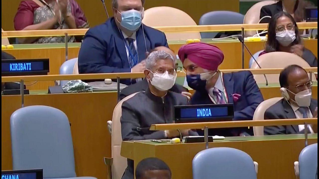 External Affairs Minister S Jaishankar and NSA Ajit Doval listen to the speech by Prime Minister Narendra Modi (unseen) during the 76th session of the United Nations General Assembly in New York. 